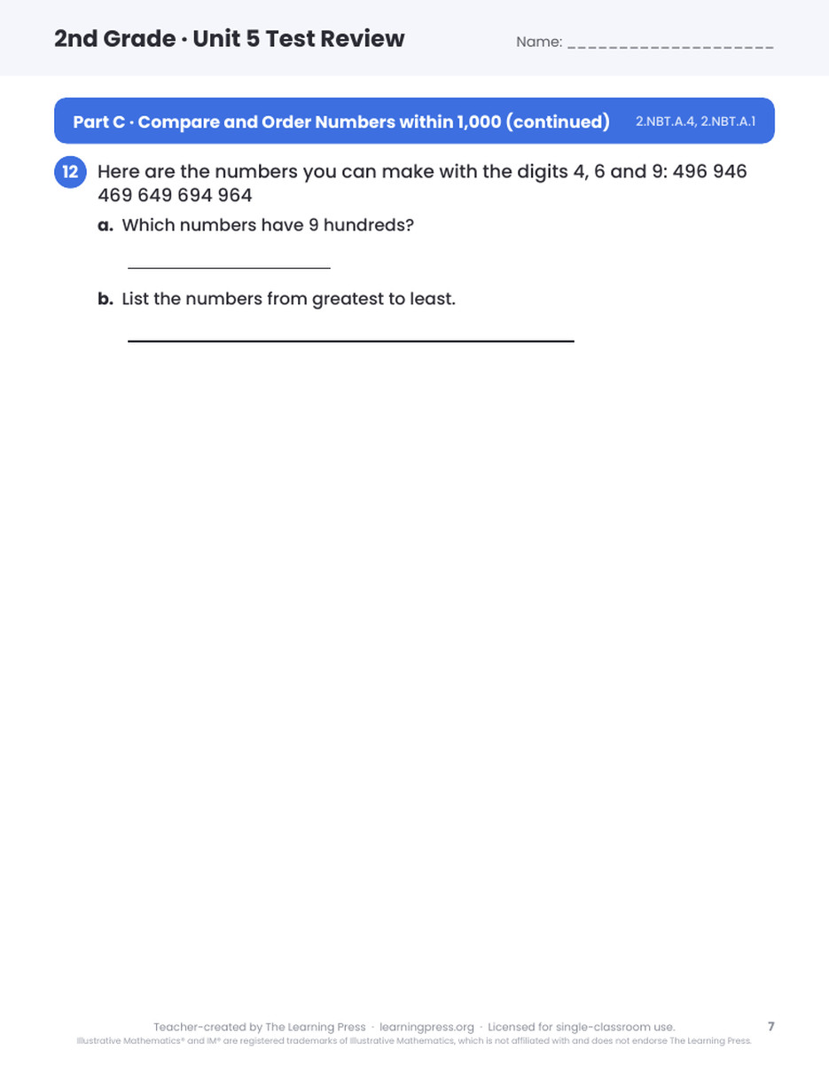 Preview page 3 of Illustrative Math (IM®) Aligned 2nd Grade Test Review Bundle: All 8 Units
