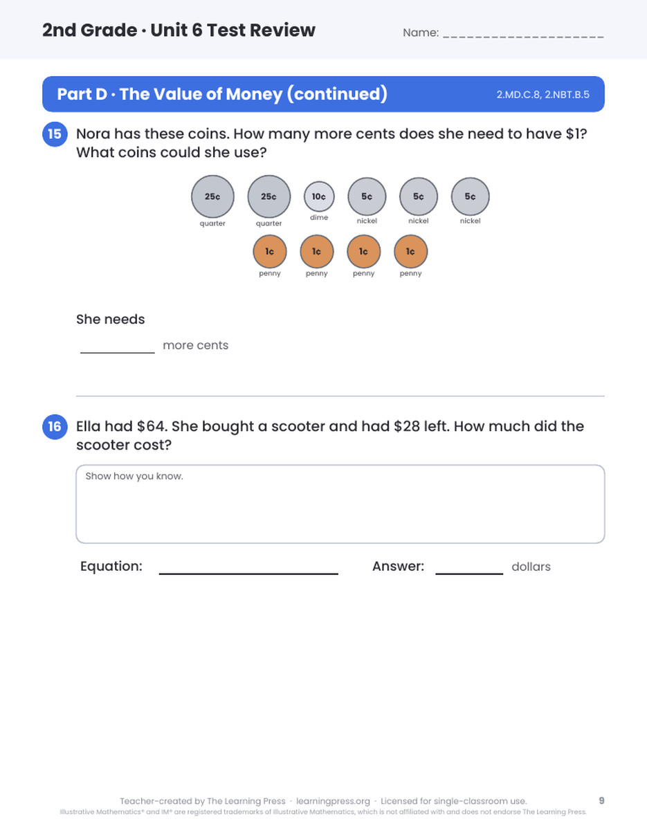 Preview page 4 of Illustrative Math (IM®) Aligned 2nd Grade Test Review Bundle: All 8 Units