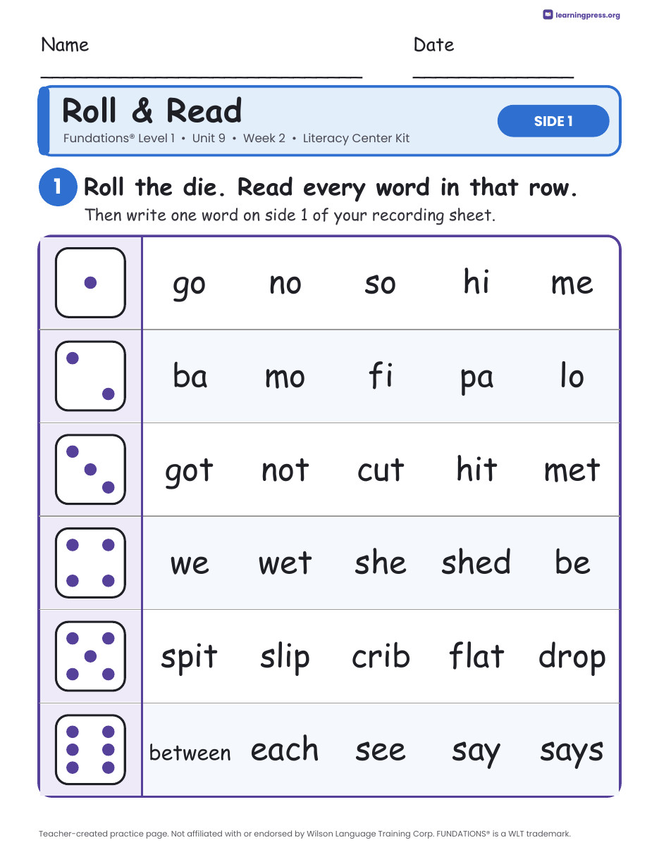 Preview page 1 of Fundations Level 1 Unit 9 Week 2 Literacy Center Kit
