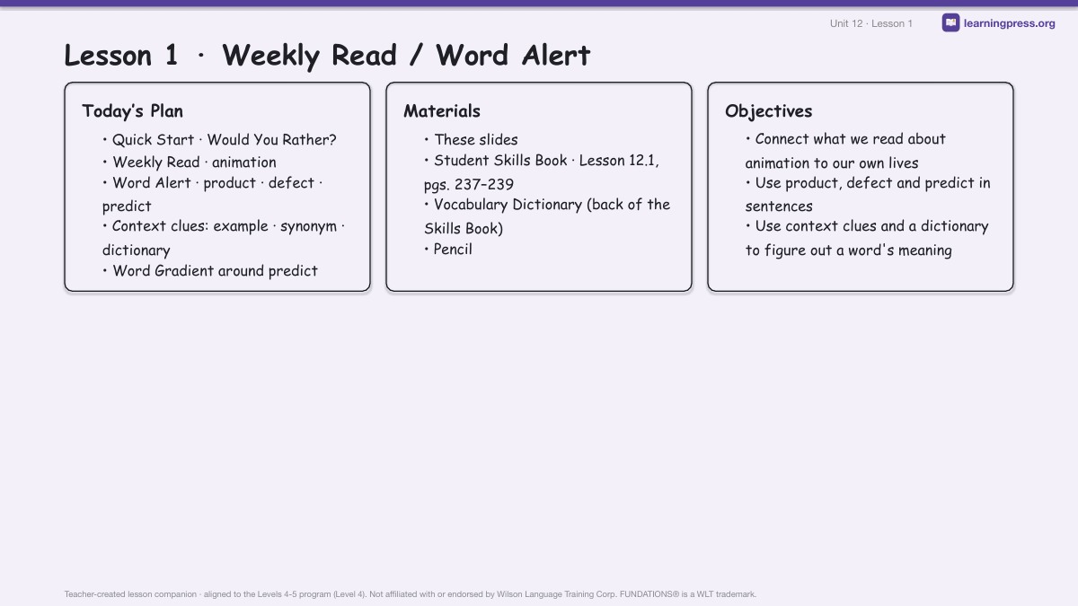 Preview page 1 of Fundations Level 4 Unit 12 Lesson Slides
