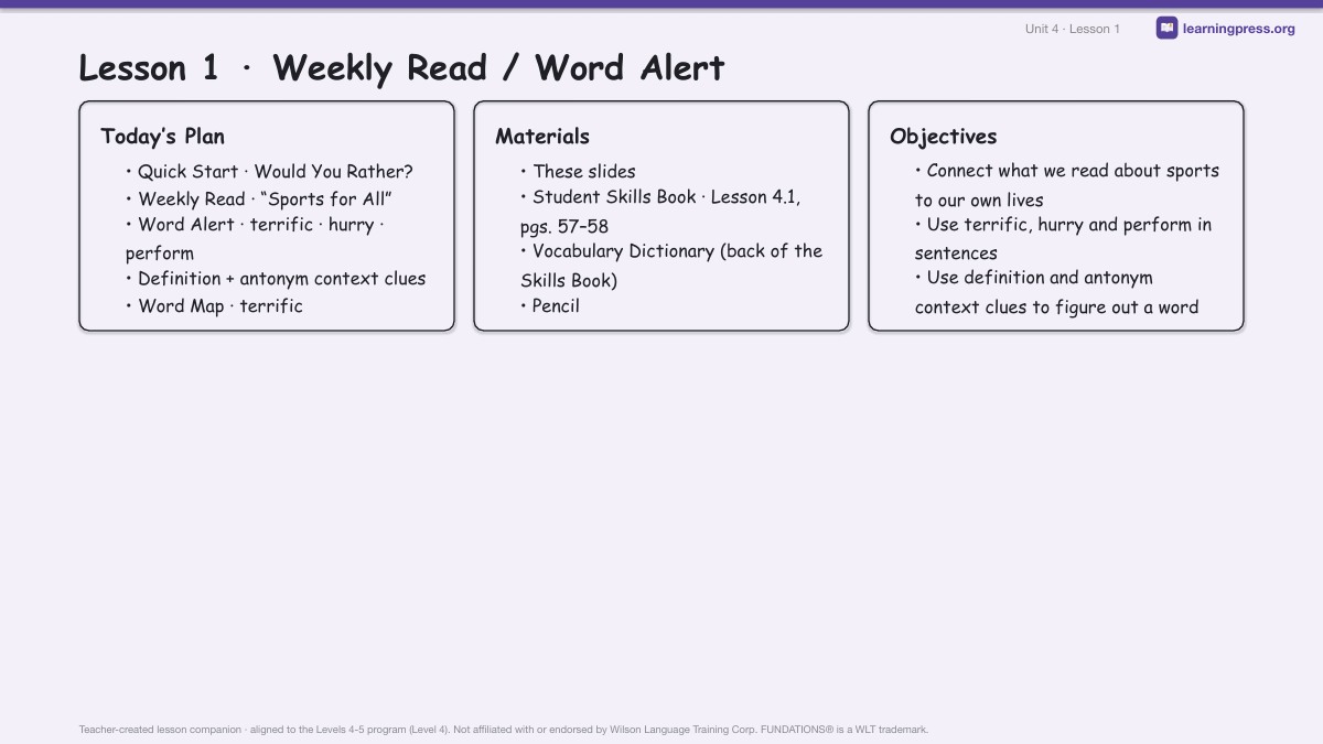 Preview page 1 of Fundations Level 4 Unit 4 Lesson Slides