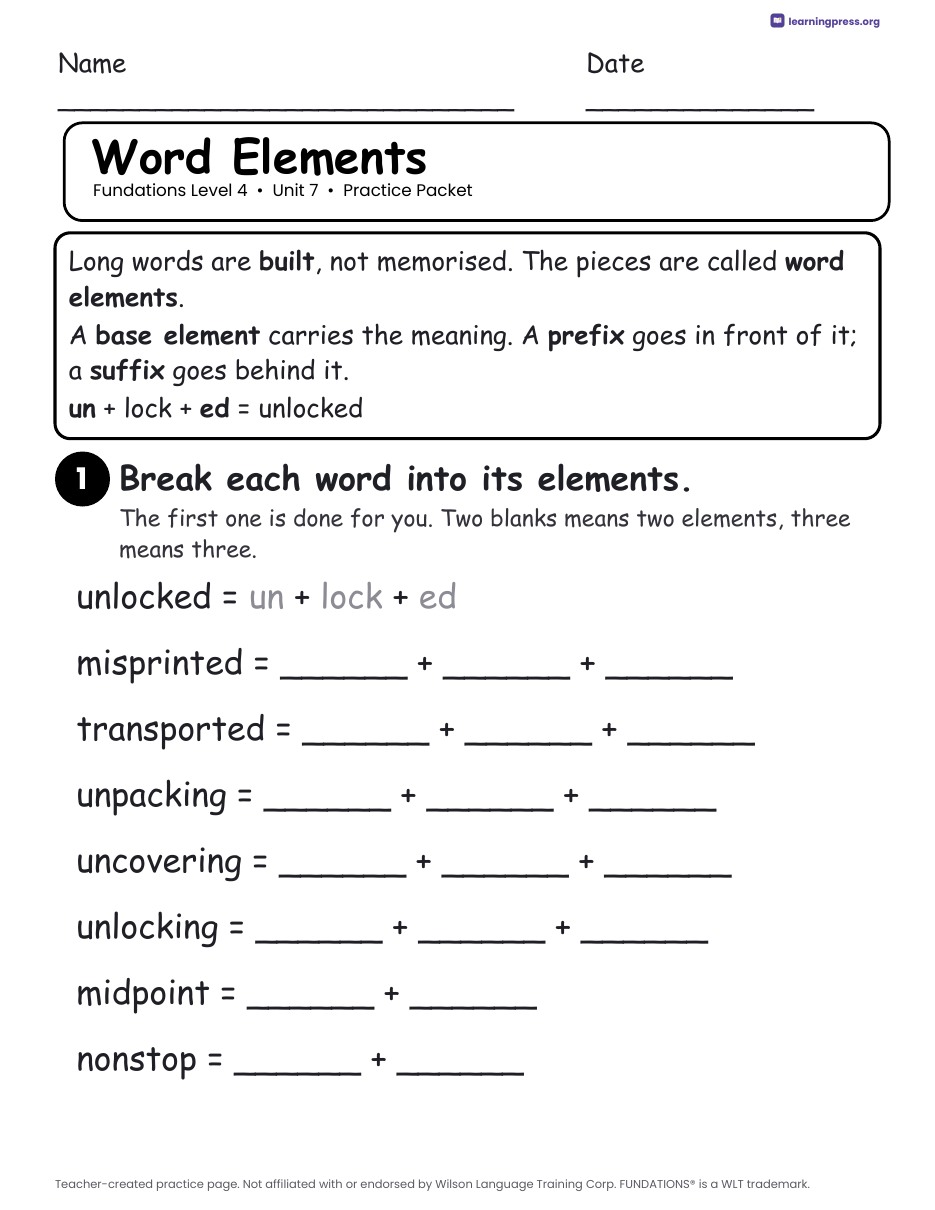 Preview page 1 of Fundations Level 4 Unit 7 Practice Packet