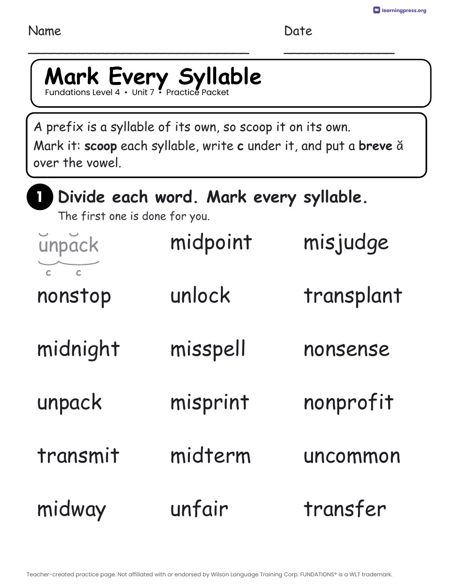 Preview page 2 of Fundations Level 4 Unit 7 Practice Packet