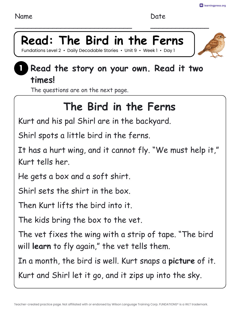 Preview page 1 of Fundations Level 2 Unit 9 Daily Decodable Stories