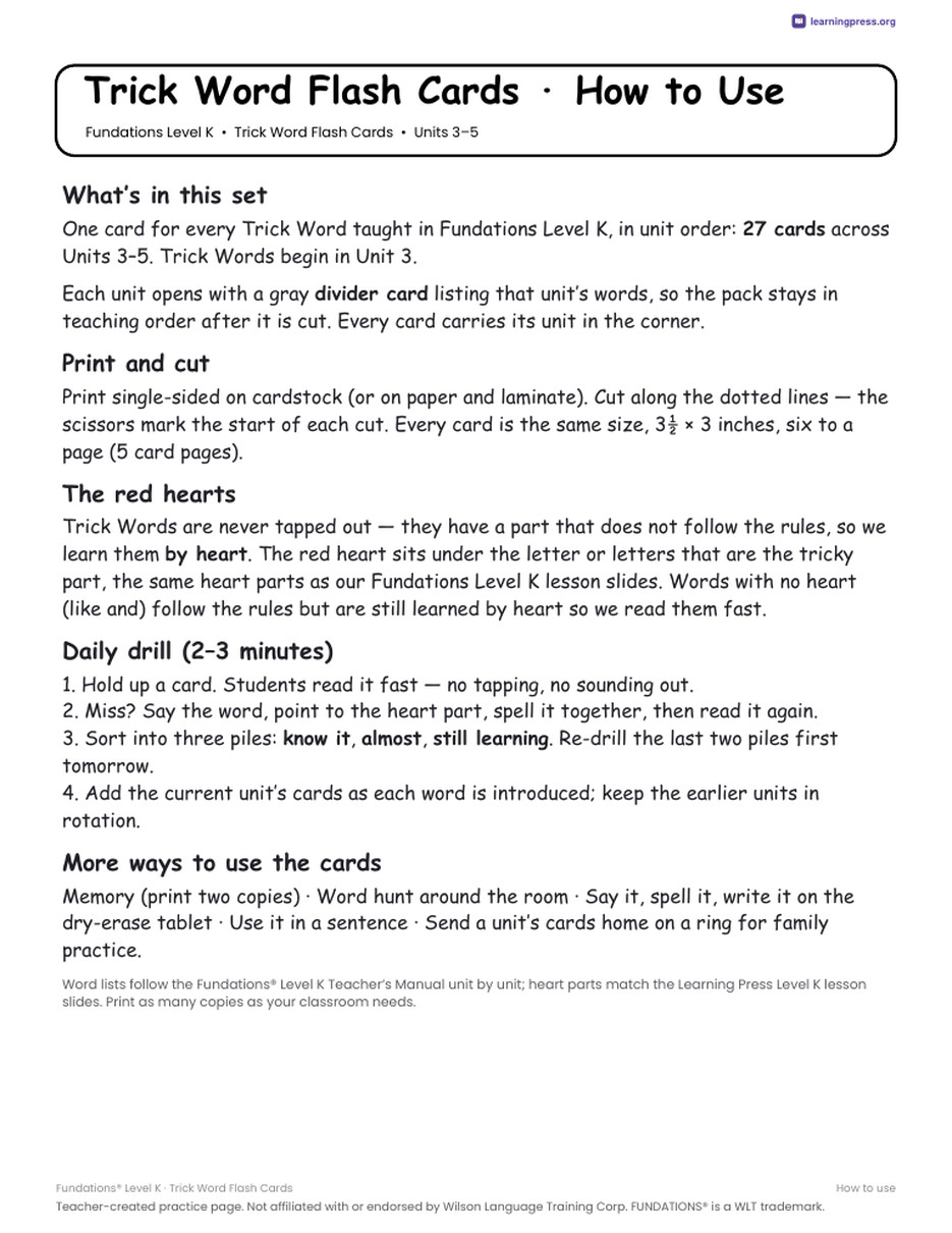 Preview page 2 of Fundations Level K — Trick Word Flash Cards
