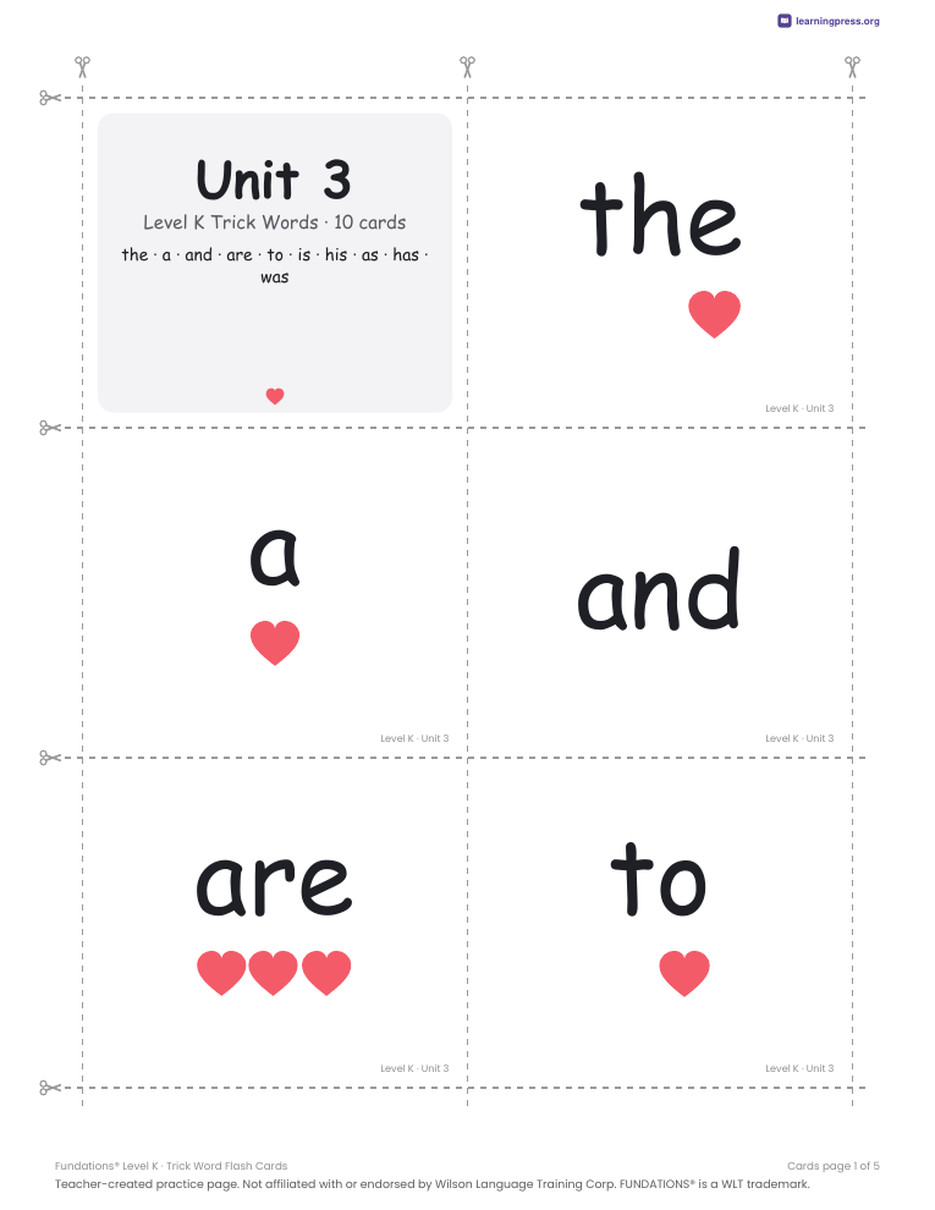 Preview page 3 of Fundations Level K — Trick Word Flash Cards