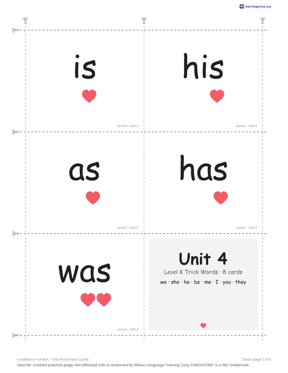 Preview page 4 of Fundations Level K — Trick Word Flash Cards