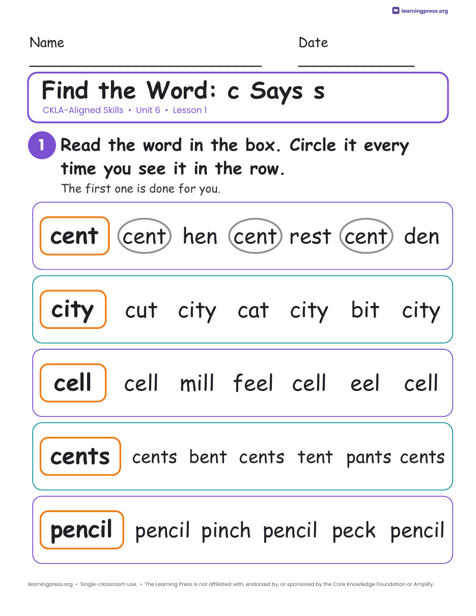 Preview page 1 of CKLA-Aligned Grade 1 Skills Unit 6 Worksheets (Lessons 1–25)