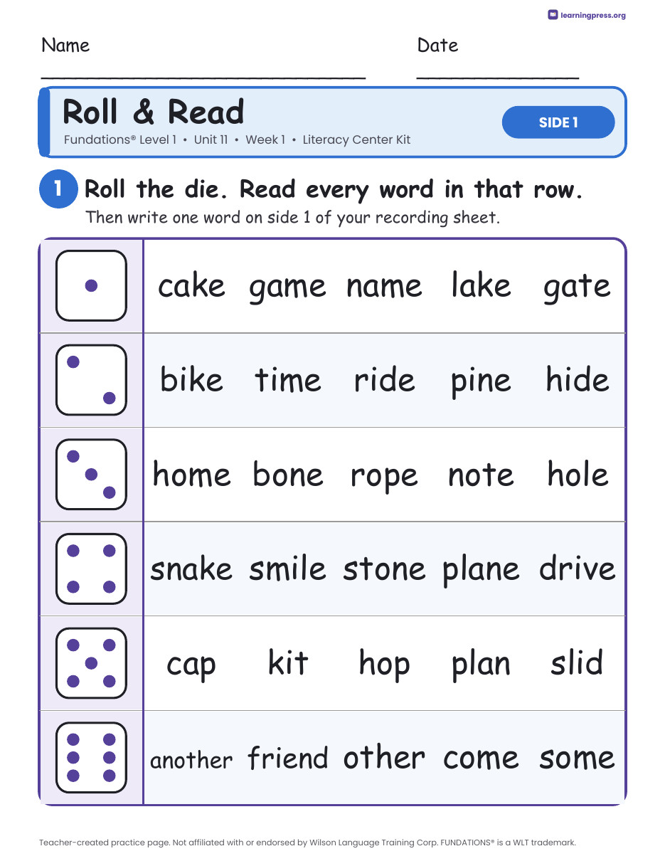 Preview page 1 of Fundations Level 1 Unit 11 Week 1 Literacy Center Kit