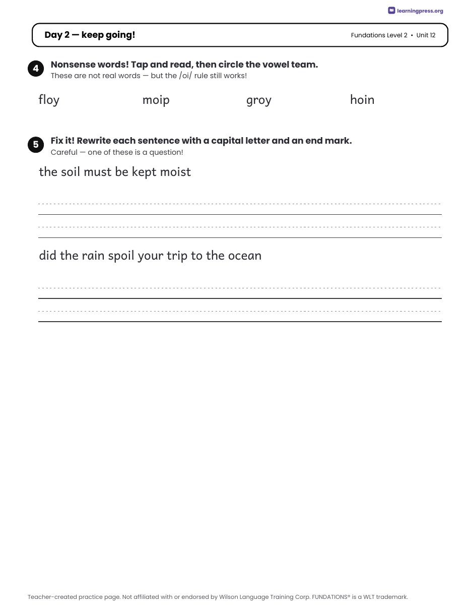 Preview page 2 of Fundations Level 2 Unit 12 Daily Lesson Work Pages