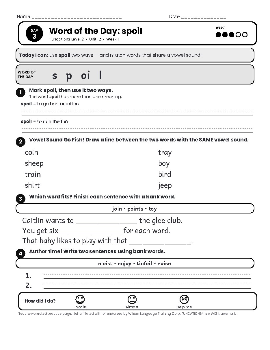 Preview page 4 of Fundations Level 2 Unit 12 Practice Pack