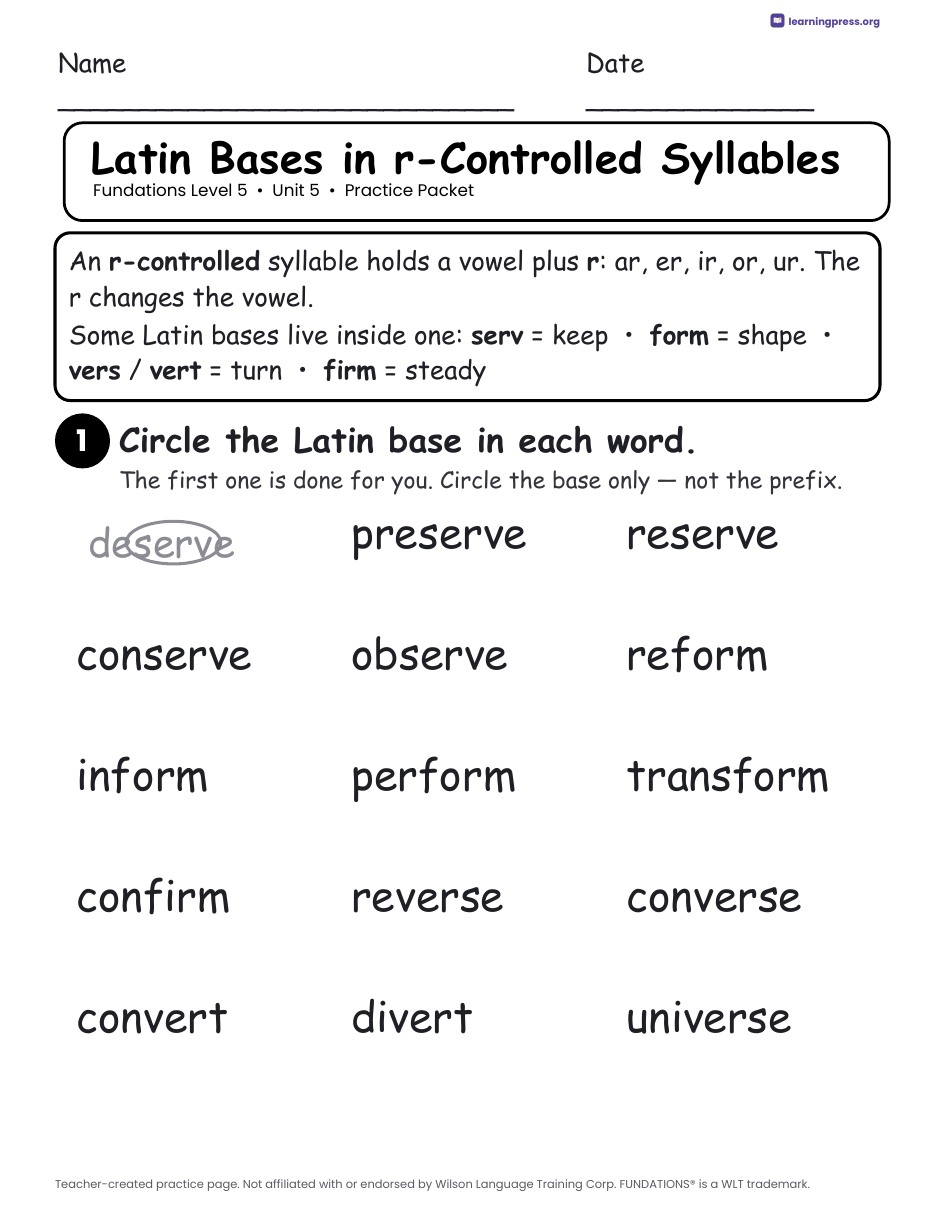 Preview page 1 of Fundations Level 5 Unit 5 Practice Packet