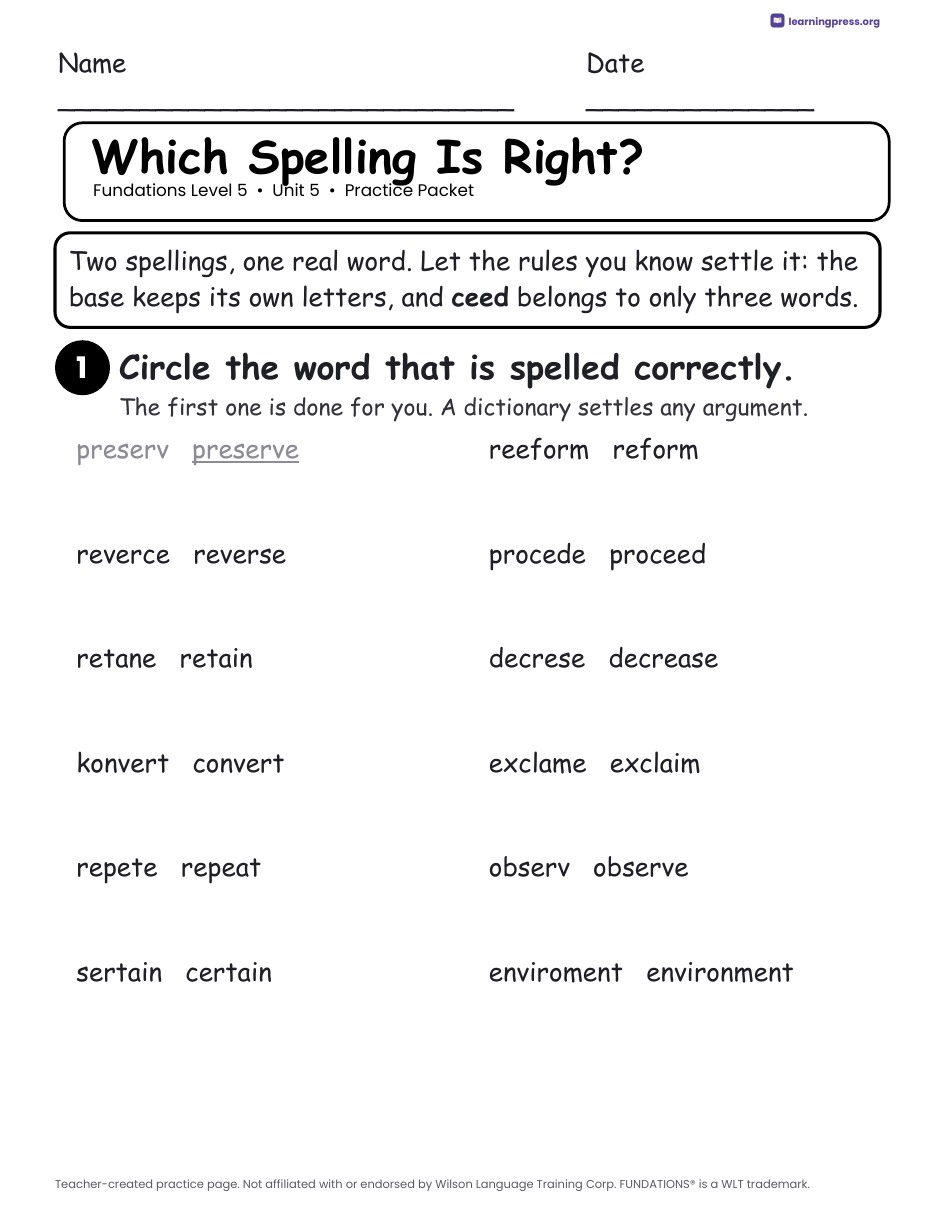 Preview page 2 of Fundations Level 5 Unit 5 Practice Packet
