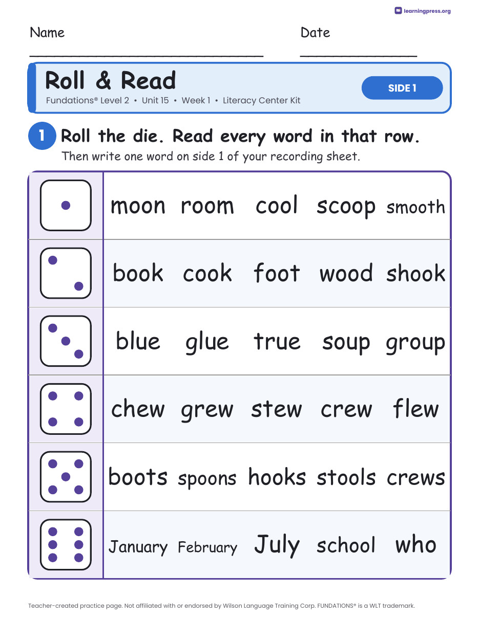 Preview page 1 of Fundations Level 2 Unit 15 Week 1 Literacy Center Kit