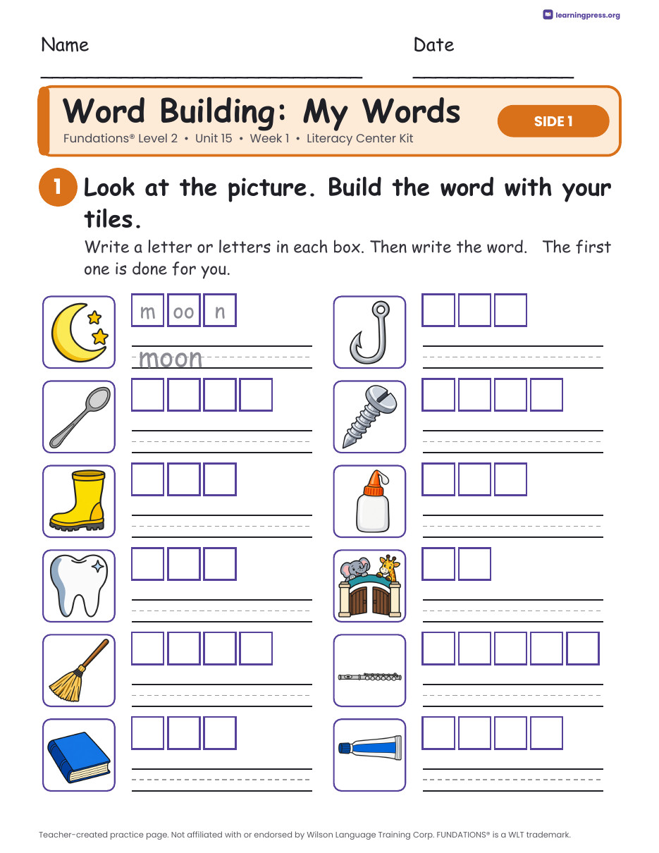 Preview page 2 of Fundations Level 2 Unit 15 Week 1 Literacy Center Kit