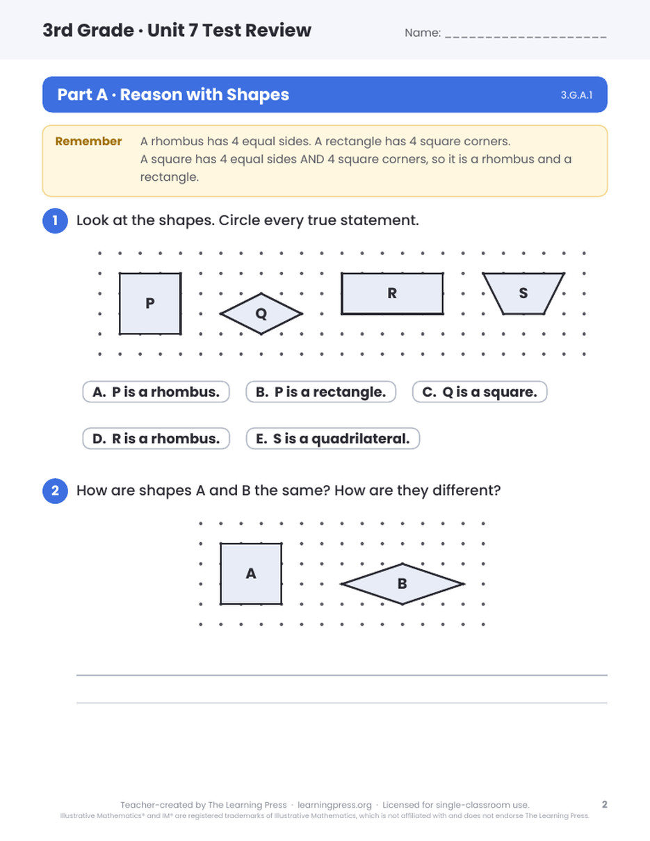 Preview page 1 of Illustrative Math (IM®) Aligned 3rd Grade Unit 7 Test Review