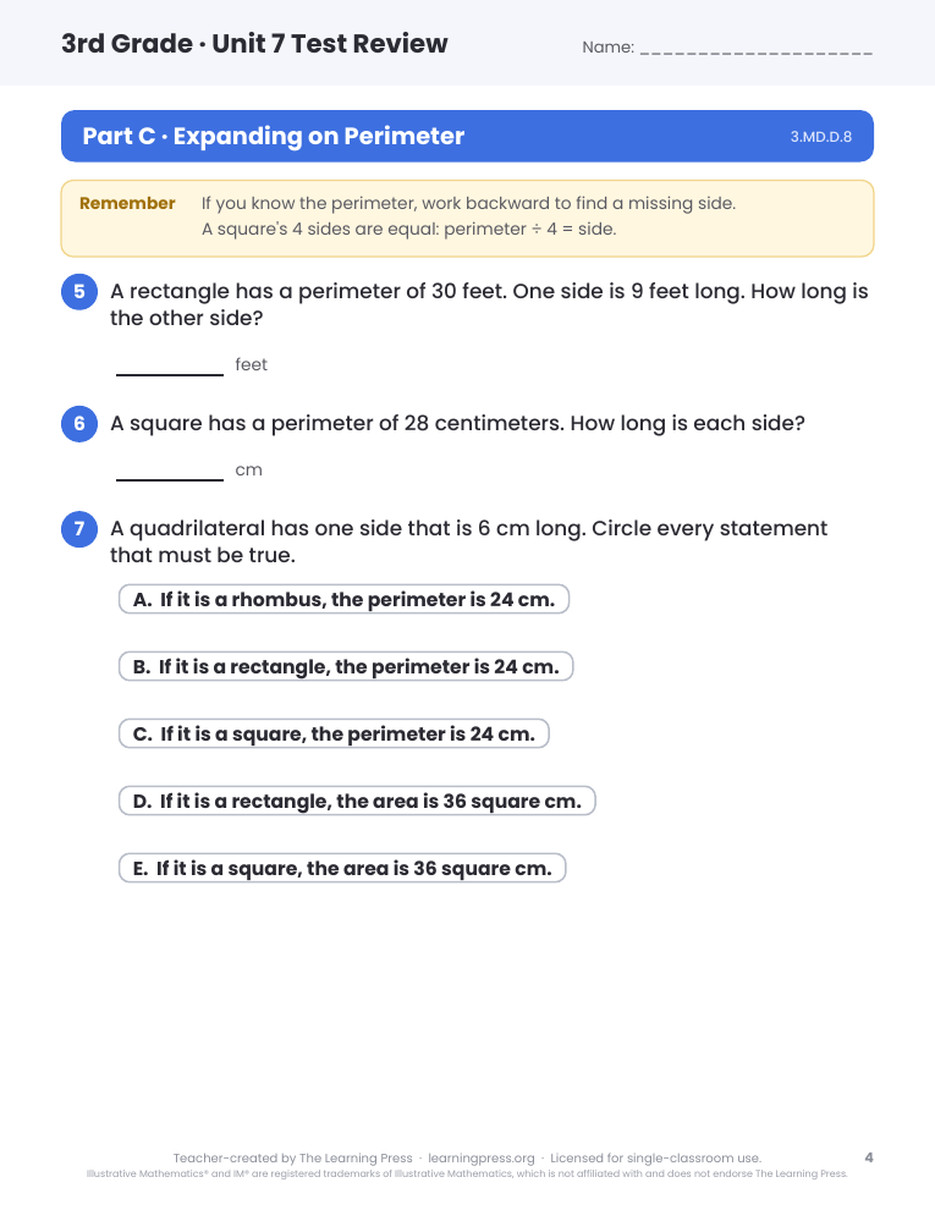 Preview page 2 of Illustrative Math (IM®) Aligned 3rd Grade Unit 7 Test Review