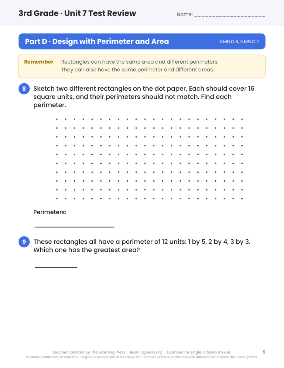 Preview page 3 of Illustrative Math (IM®) Aligned 3rd Grade Unit 7 Test Review
