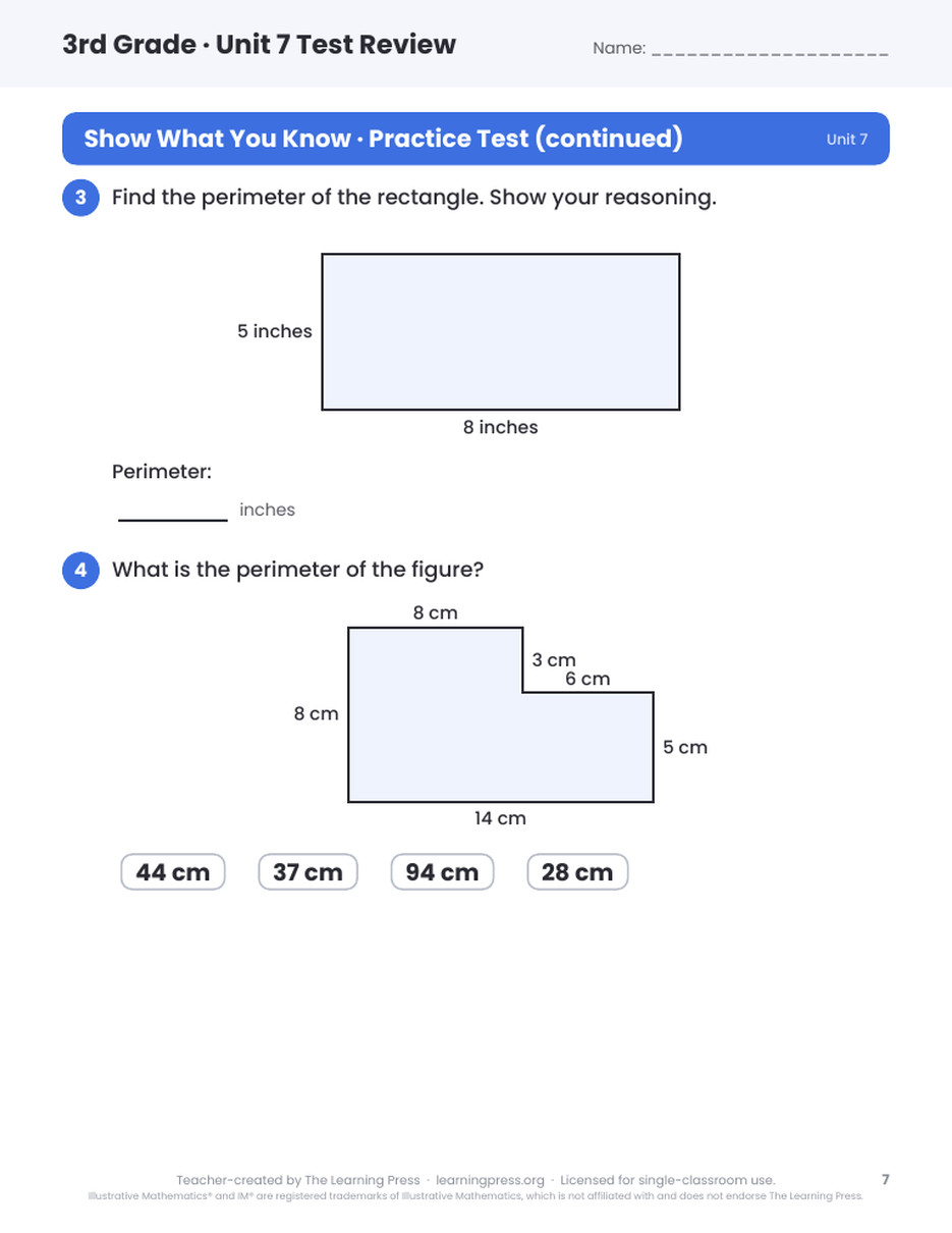 Preview page 4 of Illustrative Math (IM®) Aligned 3rd Grade Unit 7 Test Review