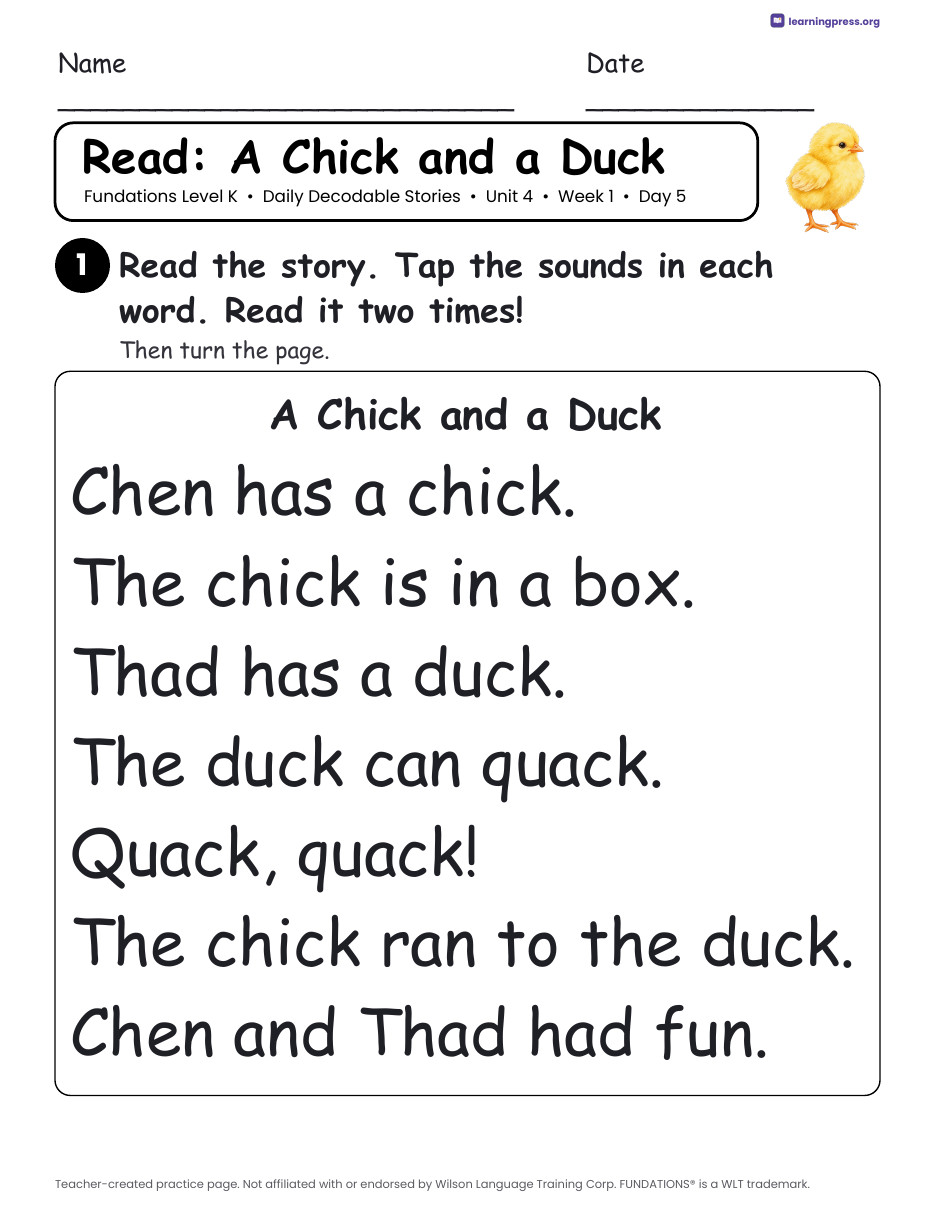 Preview page 3 of Fundations Level K Daily Decodable Stories Set (Units 2–5)