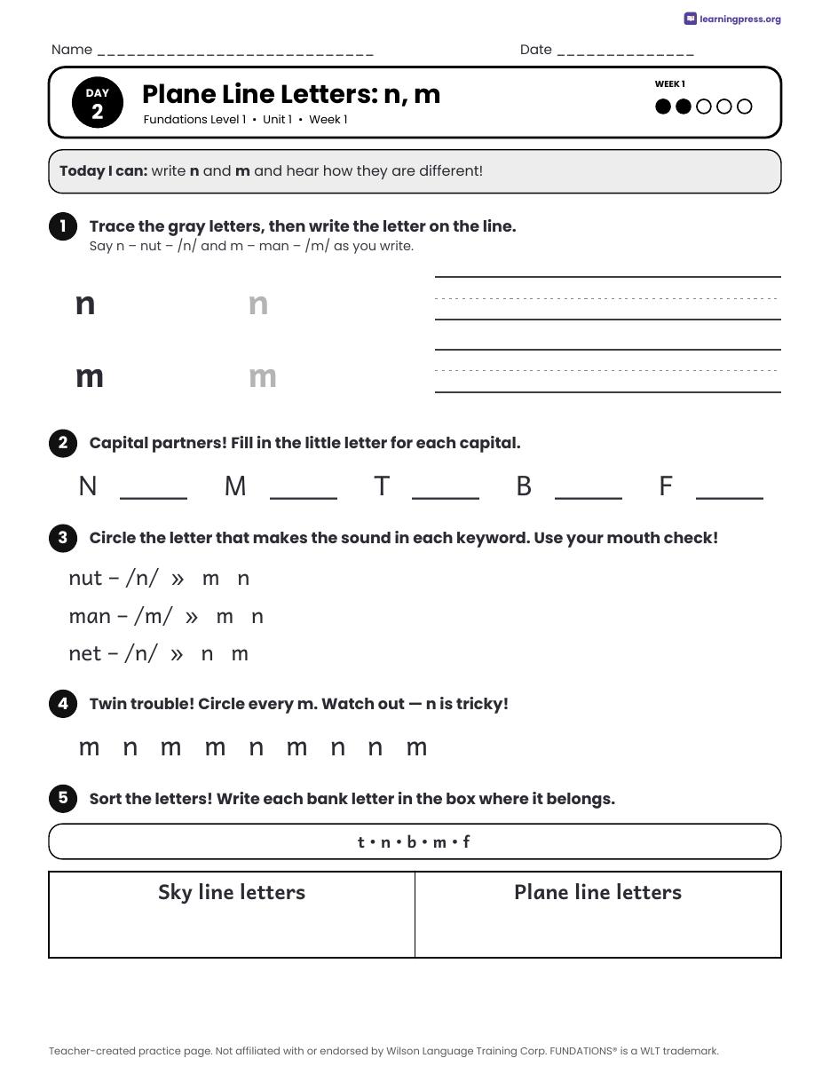 Preview page 1 of Fundations Level 1 Unit 1 Daily Lesson Work Pages