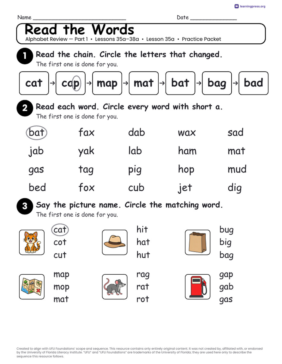 Preview page 2 of Alphabet Review — Part 1 Unit Bundle · Lessons 35a–38a