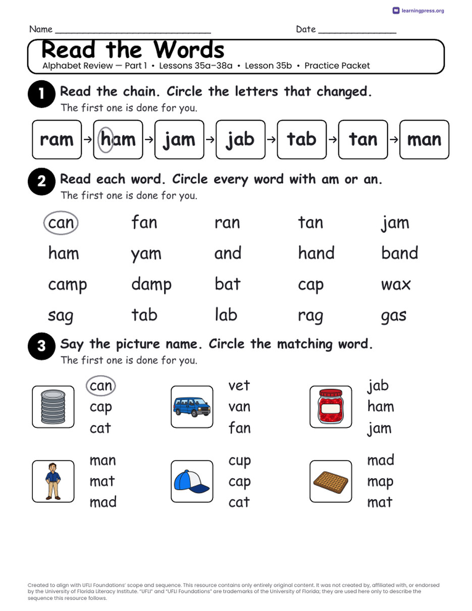 Preview page 4 of Alphabet Review — Part 1 Unit Bundle · Lessons 35a–38a