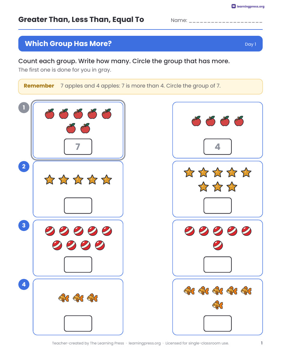 Preview page 1 of Greater Than Less Than Worksheets, Slides & Quiz