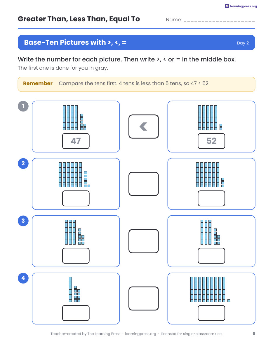 Preview page 2 of Greater Than Less Than Worksheets, Slides & Quiz
