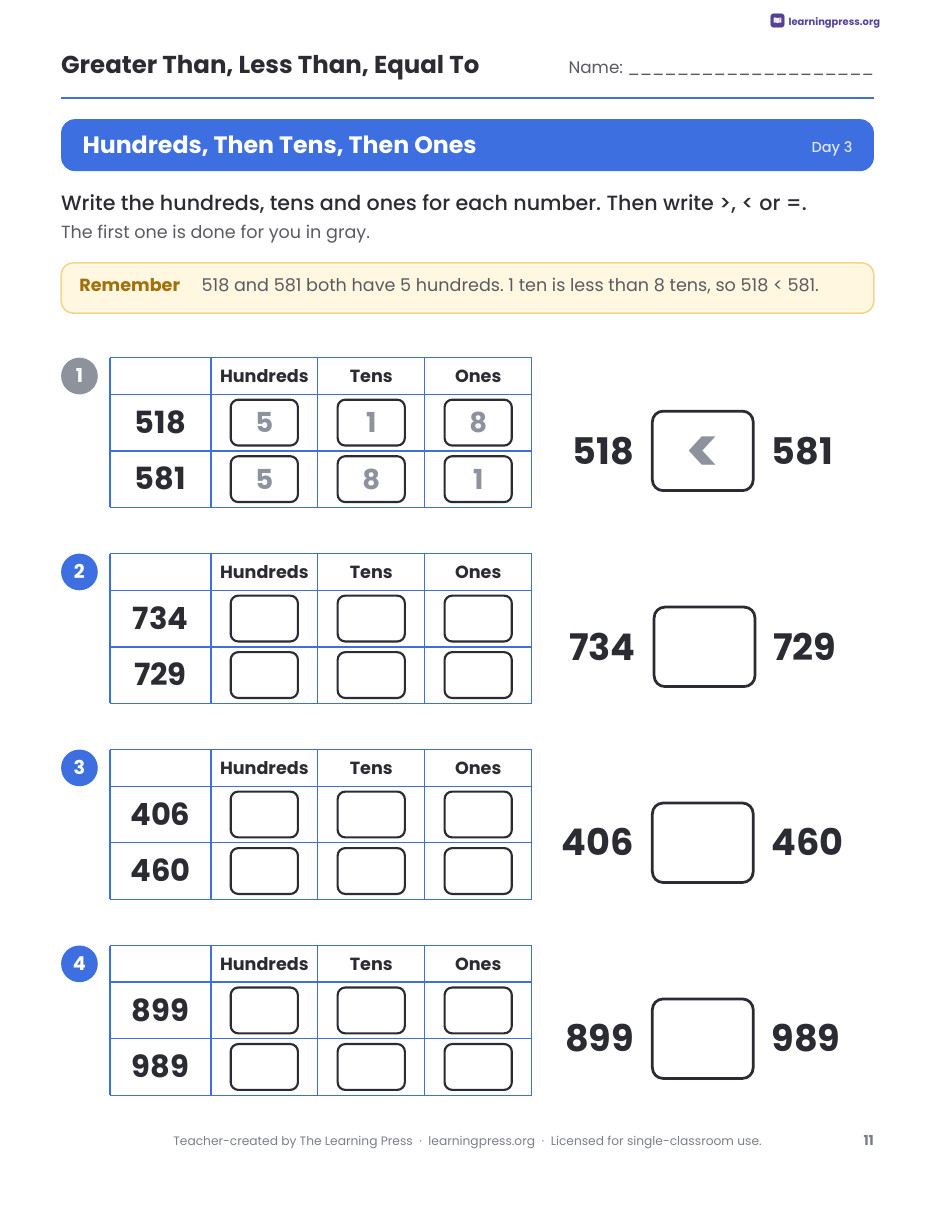 Preview page 3 of Greater Than Less Than Worksheets, Slides & Quiz