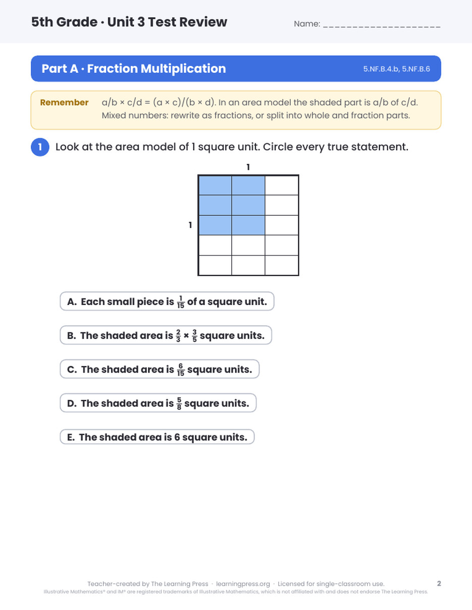 Preview page 1 of Illustrative Math (IM®) Aligned 5th Grade Unit 3 Test Review