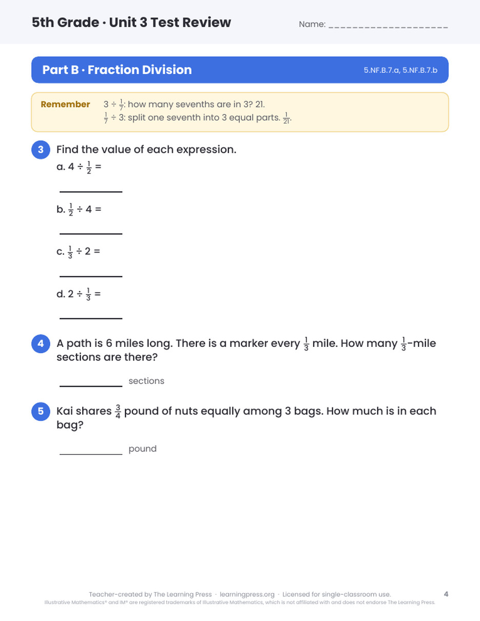 Preview page 2 of Illustrative Math (IM®) Aligned 5th Grade Unit 3 Test Review