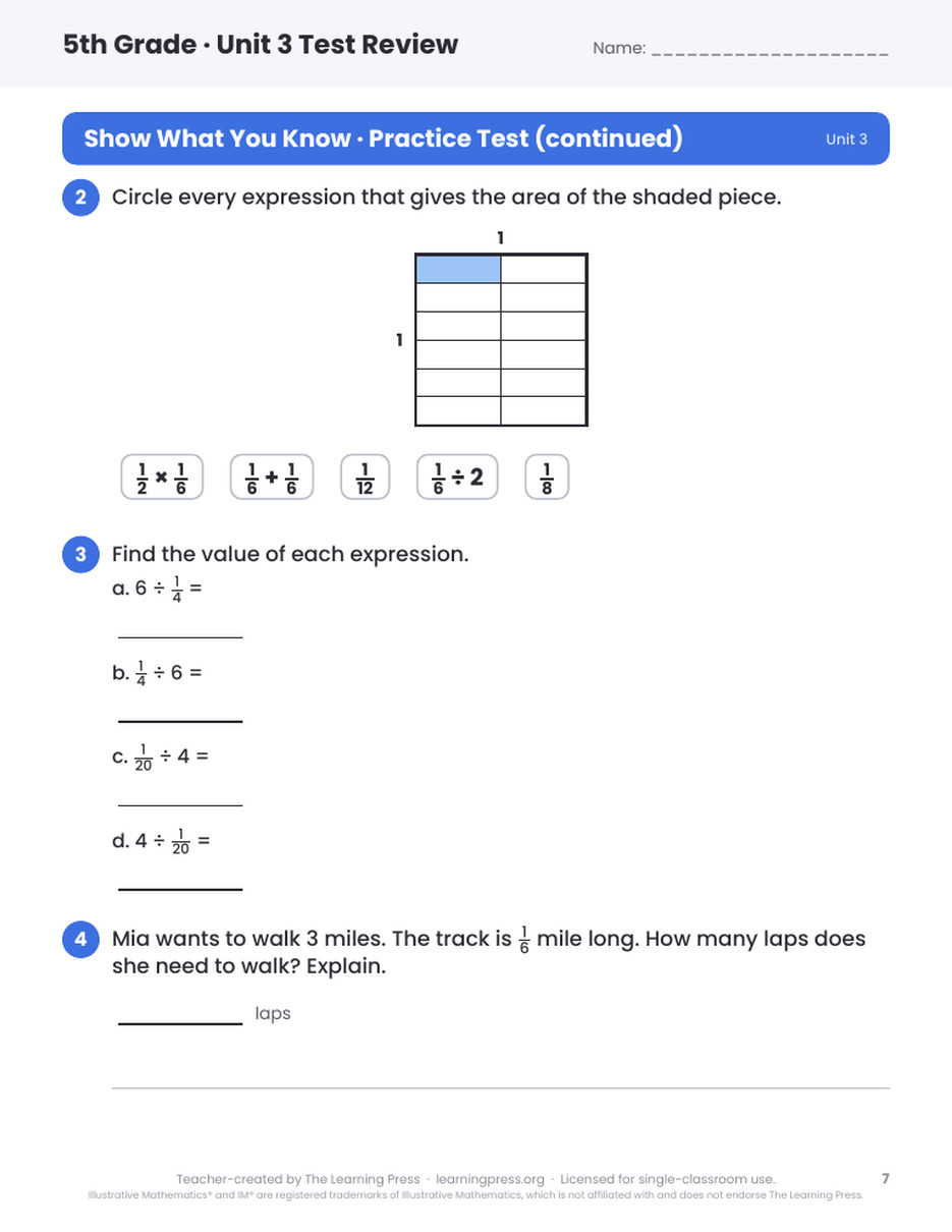 Preview page 4 of Illustrative Math (IM®) Aligned 5th Grade Unit 3 Test Review