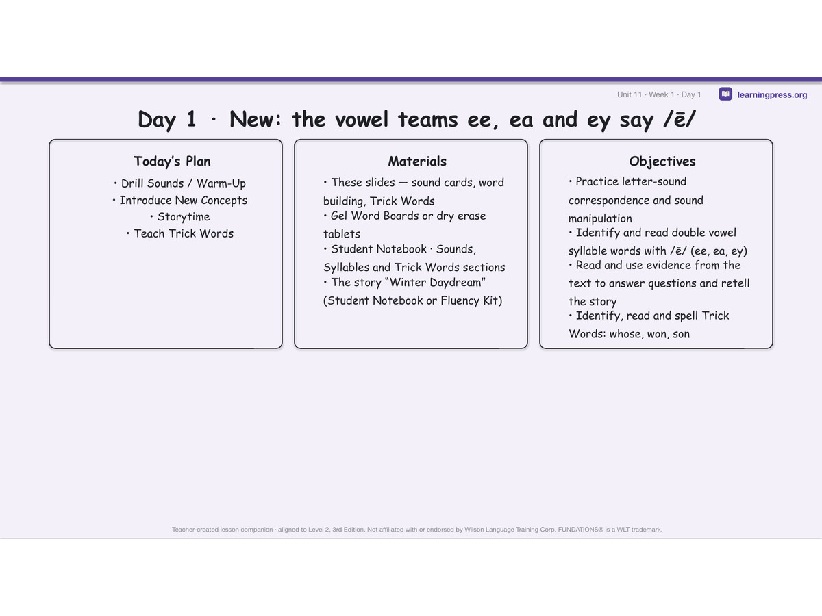 Preview page 1 of Fundations Level 2 Unit 11 Lesson Slides – 3rd Edition Aligned