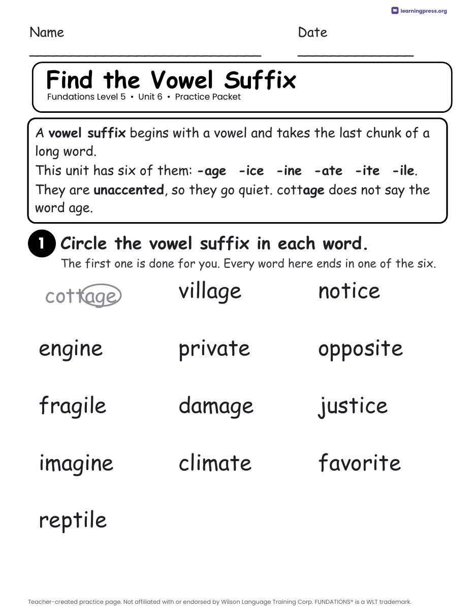 Preview page 1 of Fundations Level 5 Unit 6 Practice Packet