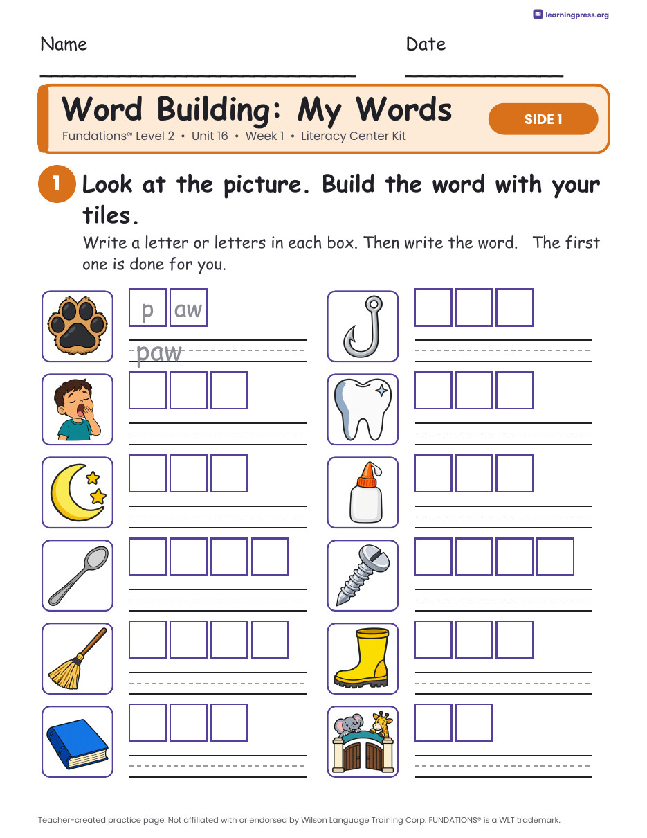 Preview page 2 of Fundations Level 2 Unit 16 Week 1 Literacy Center Kit