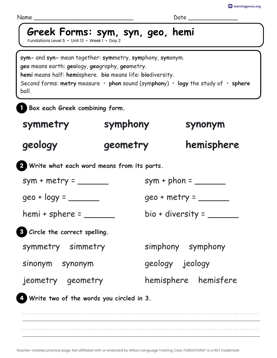 Preview page 1 of Fundations Level 5 Unit 13 Daily Lesson Work Pages