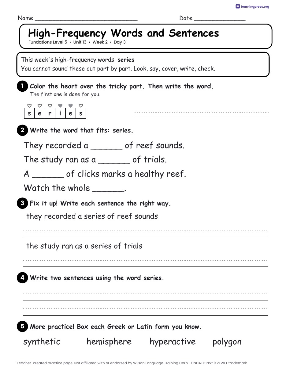 Preview page 4 of Fundations Level 5 Unit 13 Daily Lesson Work Pages