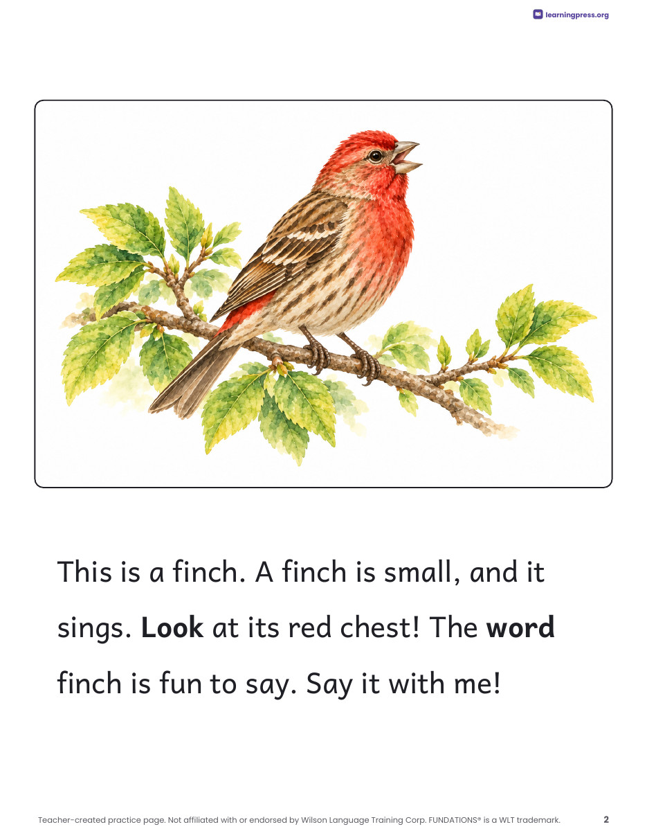 Preview page 1 of Fundations®-Aligned Decodable Nonfiction Book · Level 1 Unit 13: Finches