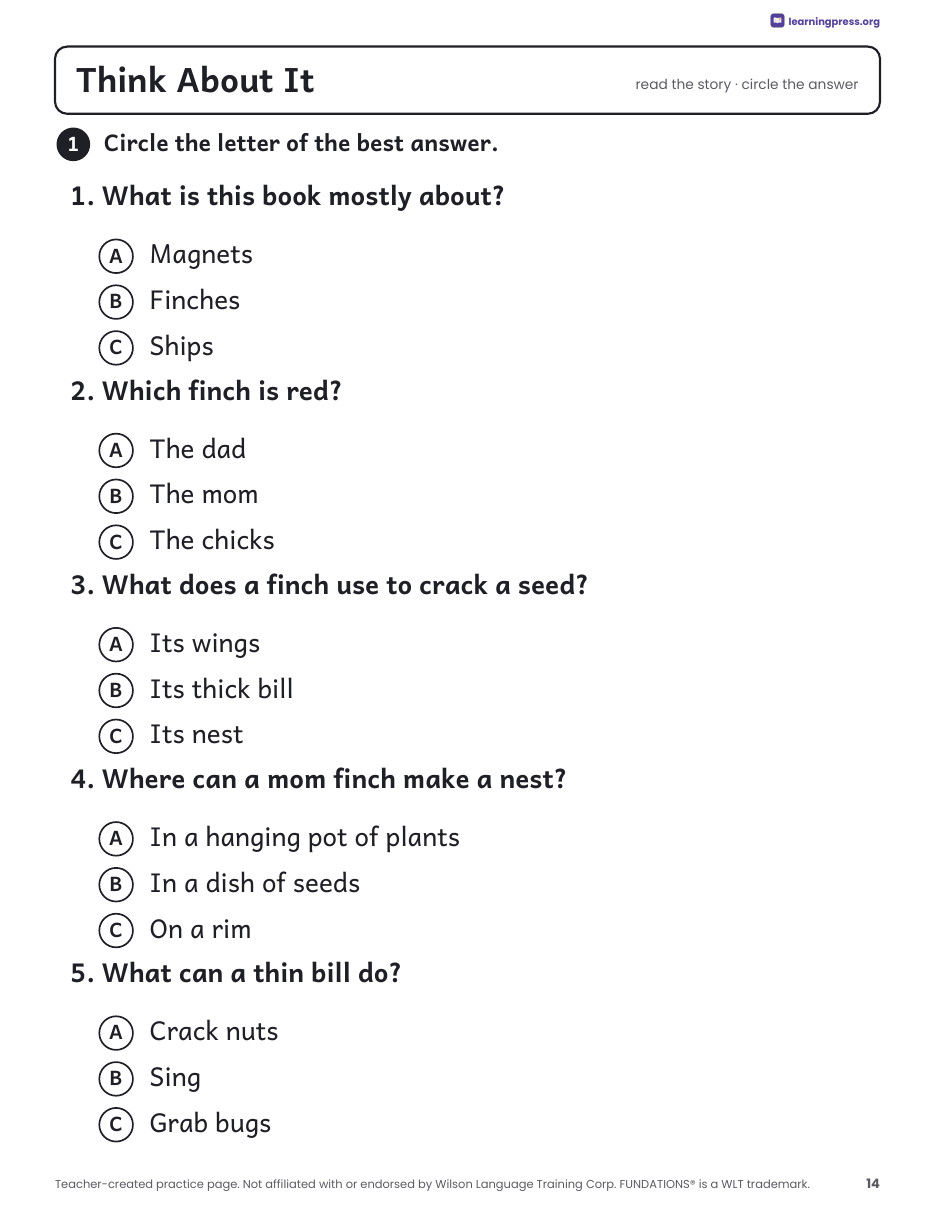 Preview page 3 of Fundations®-Aligned Decodable Nonfiction Book · Level 1 Unit 13: Finches