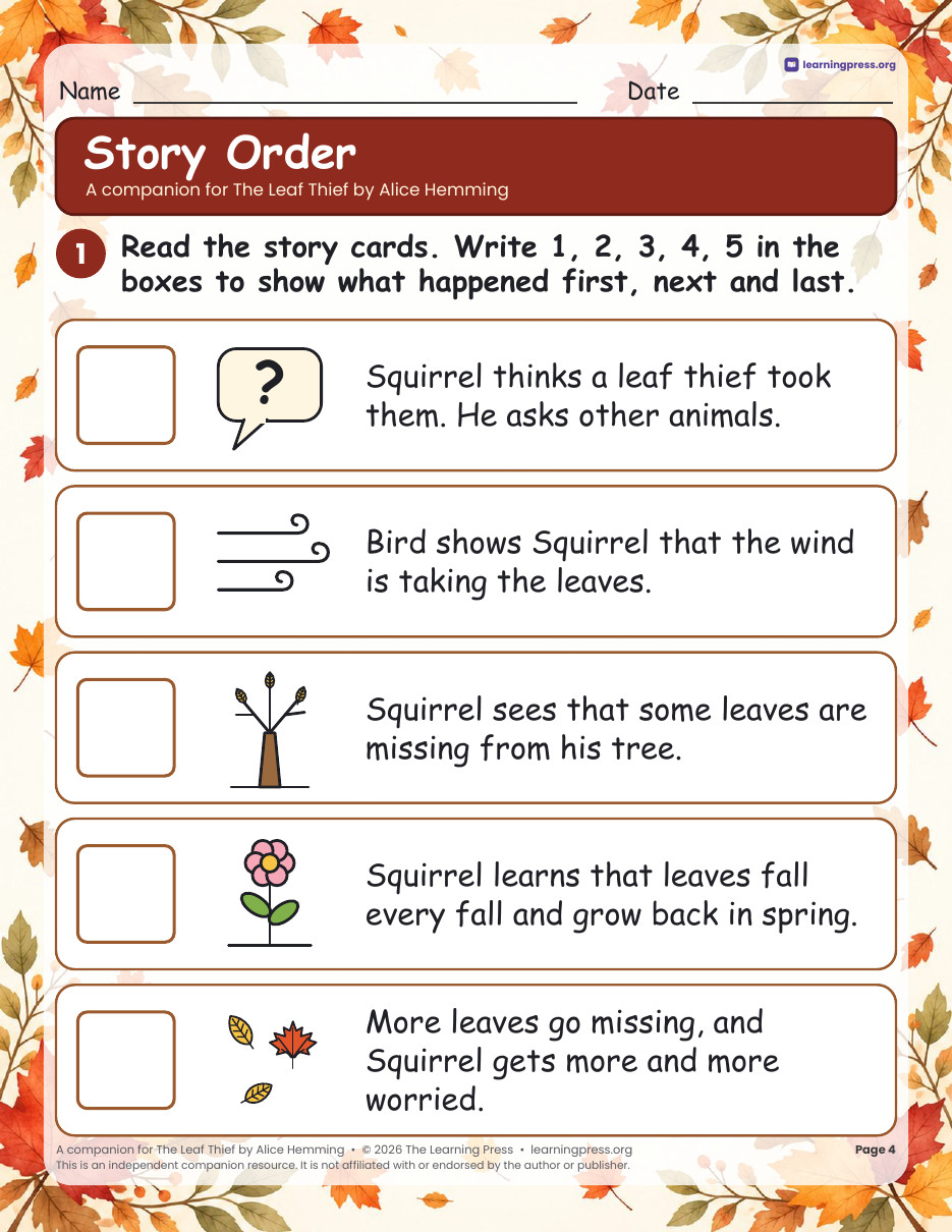 Preview page 2 of The Leaf Thief Book Companion · Fall Read-Aloud Activities