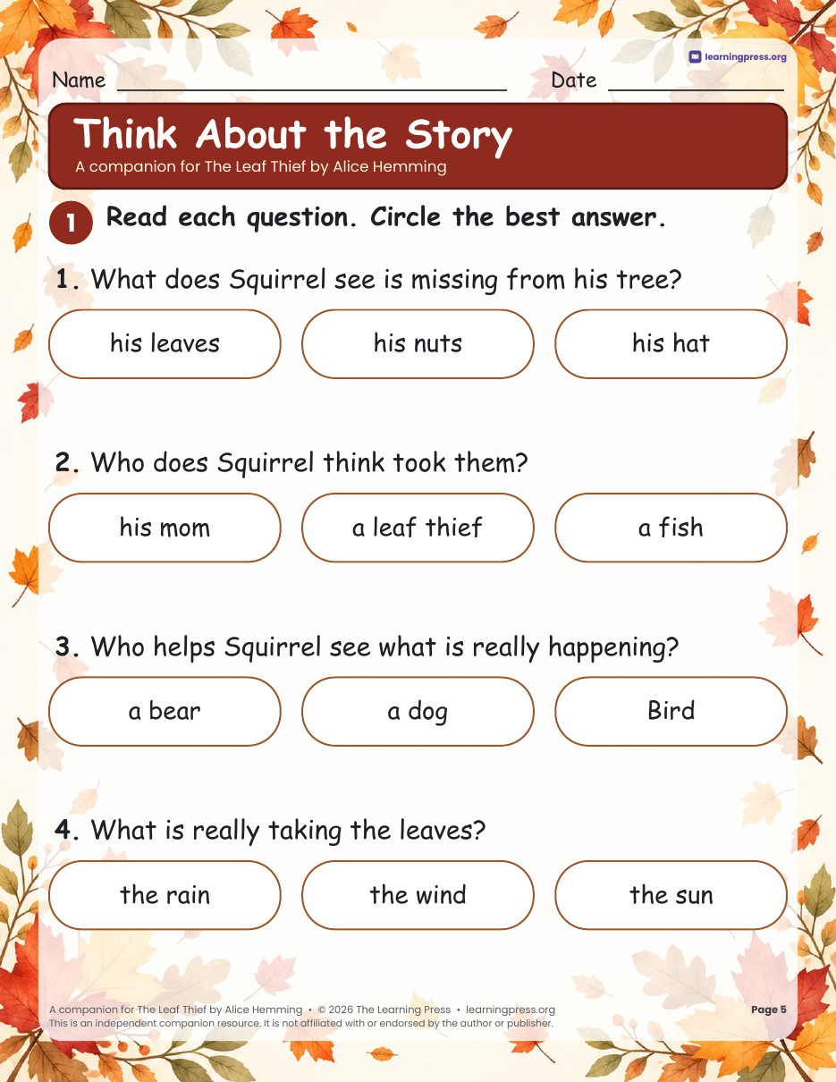 Preview page 3 of The Leaf Thief Book Companion · Fall Read-Aloud Activities