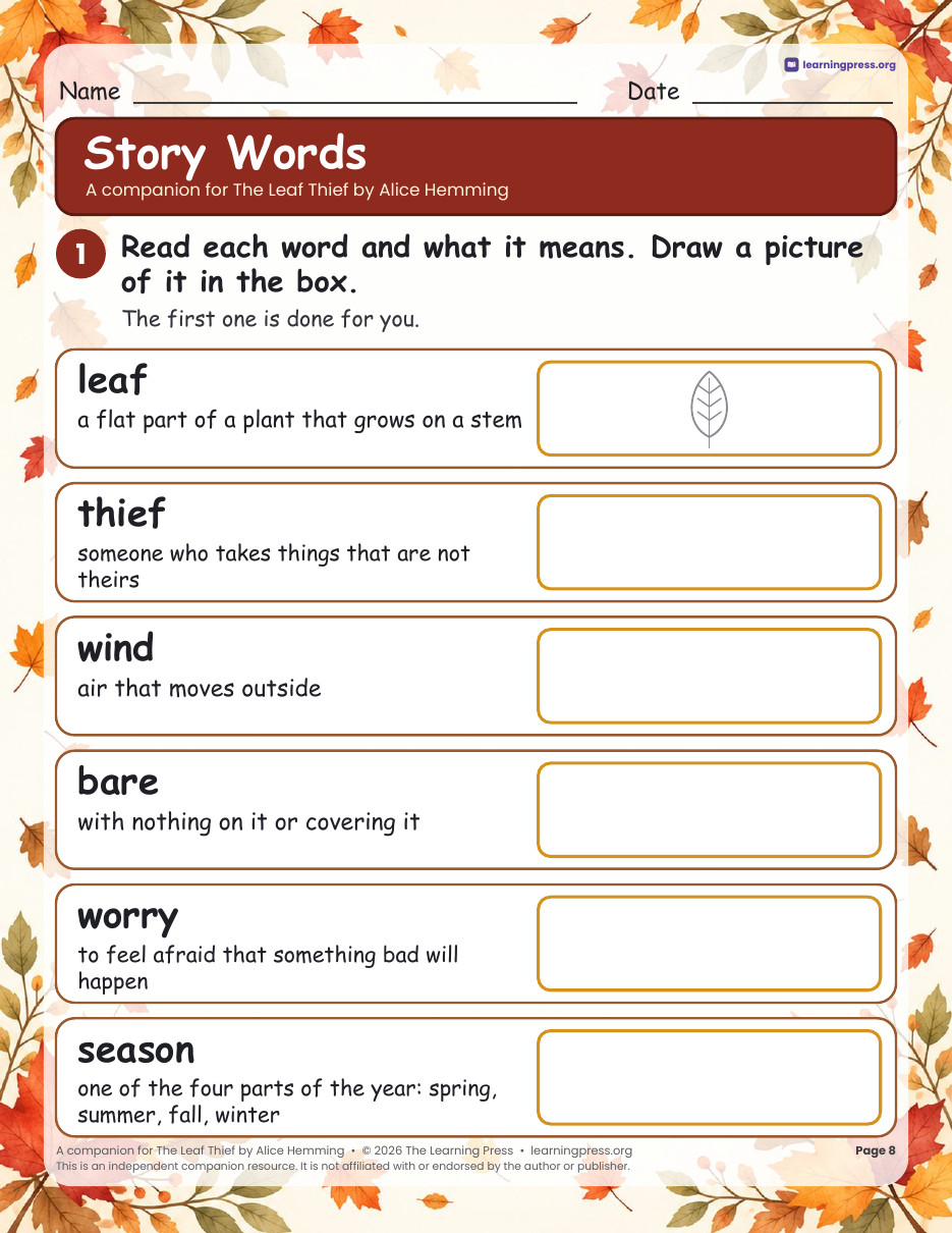 Preview page 4 of The Leaf Thief Book Companion · Fall Read-Aloud Activities
