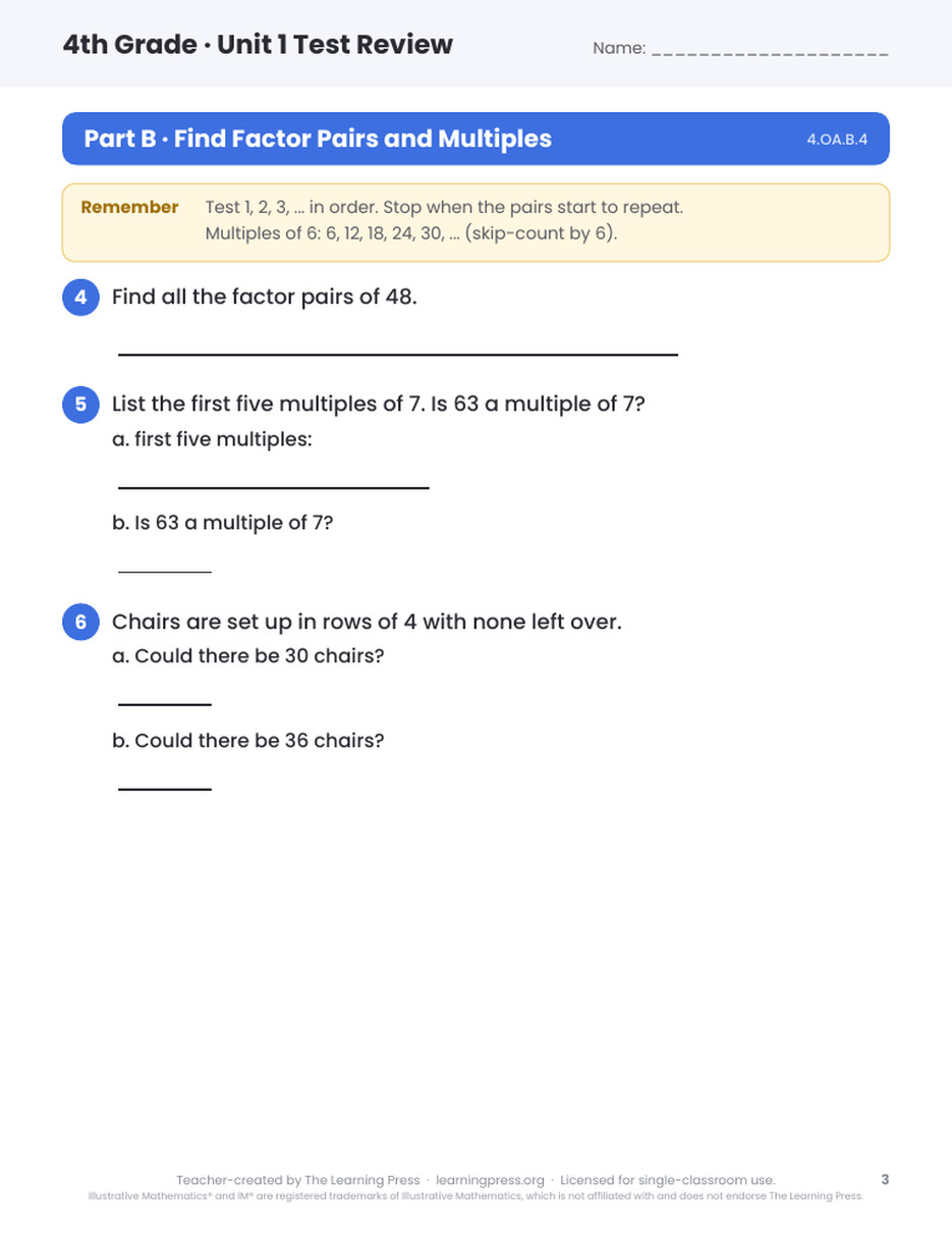 Preview page 1 of Illustrative Math (IM®) Aligned 4th Grade Test Review Bundle: All 8 Units