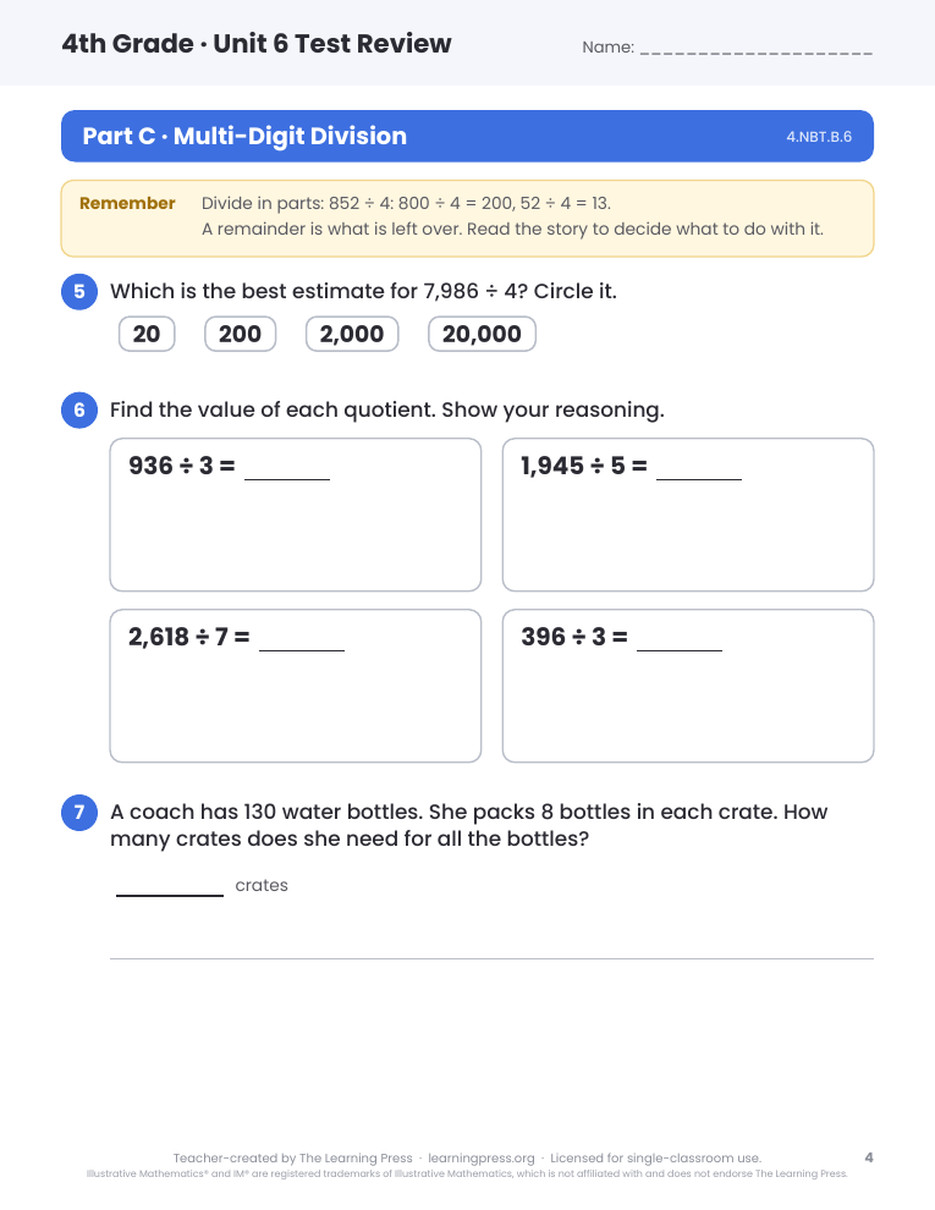 Preview page 4 of Illustrative Math (IM®) Aligned 4th Grade Test Review Bundle: All 8 Units