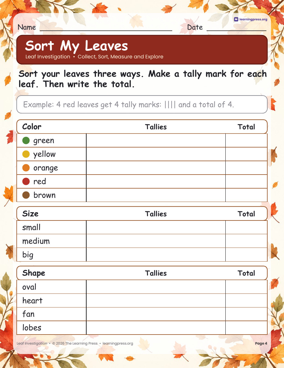 Preview page 2 of Leaf Investigation · Sort, Measure, Leaf Rubbing & Parts of a Leaf