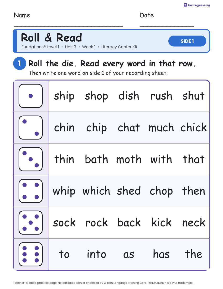 Preview page 1 of Fundations Level 1 Unit 3 Week 1 Literacy Center Kit
