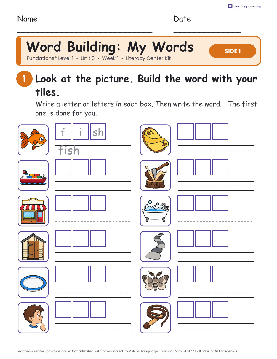 Preview page 2 of Fundations Level 1 Unit 3 Week 1 Literacy Center Kit