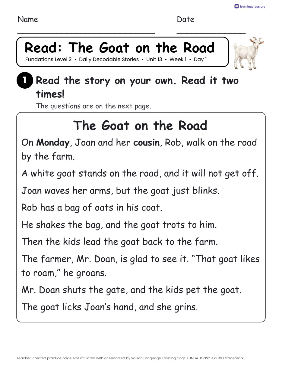 Preview page 1 of Fundations Level 2 Unit 13 Daily Decodable Stories