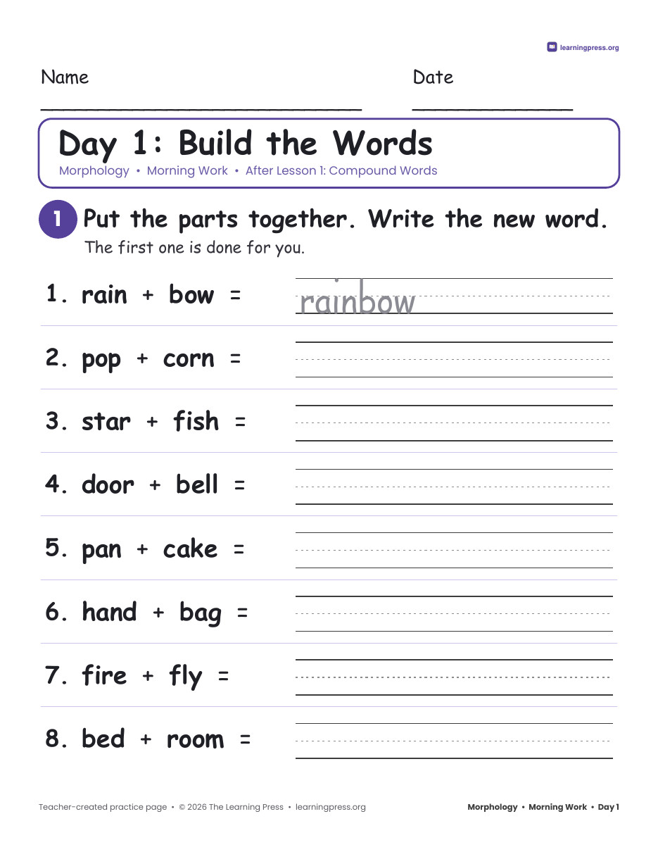 Preview page 1 of Grade 2 Morphology Morning Work · 50 Days of Prefixes, Suffixes & Endings